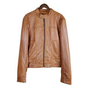 INFINITY Men's London Tan Genuine Leather Moto Jacket Zip Pockets